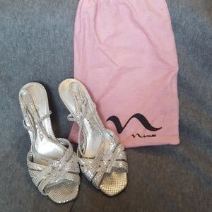 Nina Sandal Stillettos, silver snakeskin